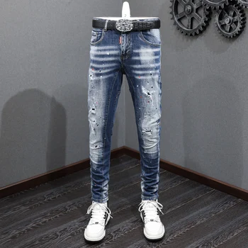 Модные Дизайнерские Мужские джинсы в стиле ретро, Синие Стрейчевые Тонкие Рваные джинсы с росписью, Мужские джинсовые брюки в стиле хип-хоп, Повседневные винтажные брюки
