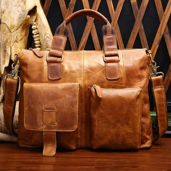 Винтажная мужская сумка из натуральной кожи, деловой модный портфель, сумка через плечо большой емкости, мужская сумка Изображение 2