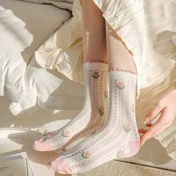 2 Пары носков средней длины, женские весенне-осенние Тонкие, с цветочным рисунком, дышащие, для милой девушки, для летнего отдыха Изображение 2