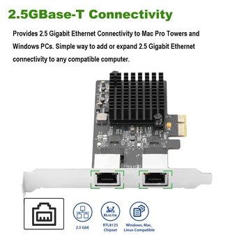 Гигабитный сетевой адаптер IOCREST 2.5G Base-T, 2 Порта 2500 Мбит/с, PCIe, карта Ethernet 2.5 Гб, карта контроллера локальной сети RJ45, чип Pci-e 8125 Изображение 2