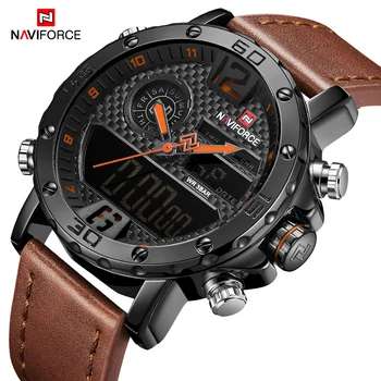 Новые мужские часы NAVIFORCE, роскошные повседневные спортивные водонепроницаемые мужские часы с цифровым хронографом, Кварцевые кожаные мужские наручные часы 9134