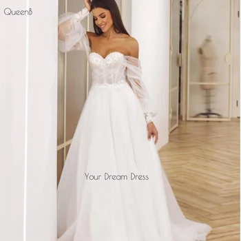 Женское свадебное платье с длинными пышными рукавами, тюлевые платья Принцессы, выполненные на заказ, Белое Свадебное платье с корсетом сзади