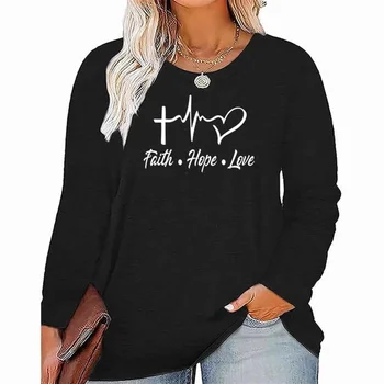 Женские Топы большого Размера с длинным рукавом Faith Hope Love, винтажная футболка с графическим рисунком, Повседневные осенние футболки для женщин