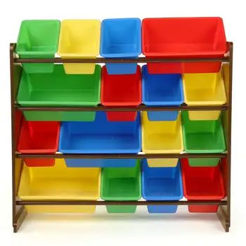 Органайзер для хранения игрушек из грецкого ореха с 16 Разноцветными Пластиковыми Ящиками Для хранения, Сетчатый ящик для хранения, Деревянная коробка, Органайзер для Одежды, диспл