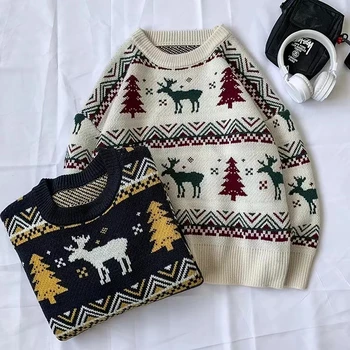 Япония и Южная Корея, рождественский свитер с изображением лося в стиле ретро харадзюку, пуловер с круглым вырезом, вязаный свитер для пары, мужской и женский свитер