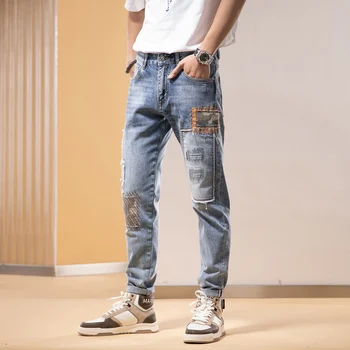 Уличные модные мужские джинсы в стиле ретро светло-голубого цвета, эластичные эластичные обтягивающие рваные джинсы с заплатками, мужские дизайнерские брюки в стиле хип-хоп Hombre