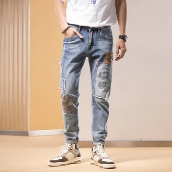 Уличные модные мужские джинсы в стиле ретро светло-голубого цвета, эластичные эластичные обтягивающие рваные джинсы с заплатками, мужские дизайнерские брюки в стиле хип-хоп Hombre Изображение 2