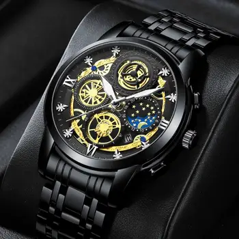 Мужские Кварцевые часы из золота и нержавеющей Стали, деловые аналитические наручные часы для мужчин, водонепроницаемые часы Изображение 2