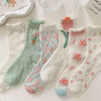 Дышащие Простые Короткие японские Повседневные Хлопчатобумажные носки в корейском стиле с Тюльпанами, Женские Сетчатые носки, Чулочно-носочные изделия с цветами