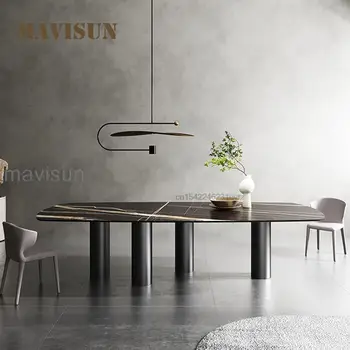 Современный минималистичный обеденный стол для большой квартиры, Устойчивая мебель для виллы, Столешница из черной каменной плиты Длиной 2,4 м, кухонный стол длиной 2,6 м