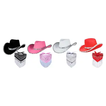 Ковбойская шляпа с бахромой, Бандана, Модная защитная шляпа с большими полями для музыкальных концертов на Хэллоуин, Карнавала, вечеринки в западном стиле