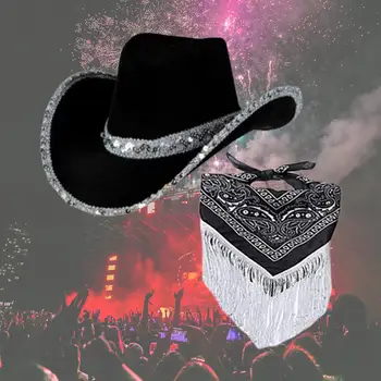 Ковбойская шляпа с бахромой, Бандана, Модная защитная шляпа с большими полями для музыкальных концертов на Хэллоуин, Карнавала, вечеринки в западном стиле Изображение 2