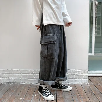Джинсовые брюки с потертыми карманами в стиле Харадзюку, Хай-стрит, Мужские и женские Прямые Свободные повседневные джинсовые брюки, Большие размеры, брюки в стиле хип-хоп