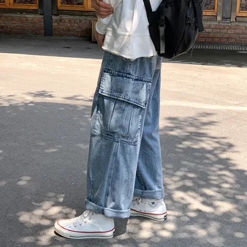 Джинсовые брюки с потертыми карманами в стиле Харадзюку, Хай-стрит, Мужские и женские Прямые Свободные повседневные джинсовые брюки, Большие размеры, брюки в стиле хип-хоп Изображение 2