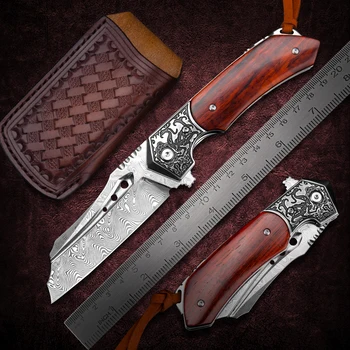 NEWOOTZ Дамасский складной нож в японском стиле с ножнами EDC Ножи выживания для активного отдыха Пеший туризм Подарок для самообороны