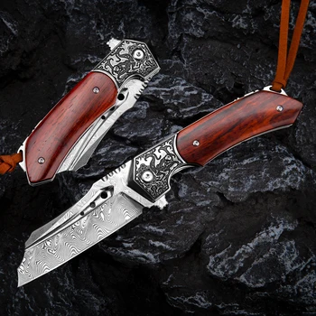 NEWOOTZ Дамасский складной нож в японском стиле с ножнами EDC Ножи выживания для активного отдыха Пеший туризм Подарок для самообороны Изображение 2