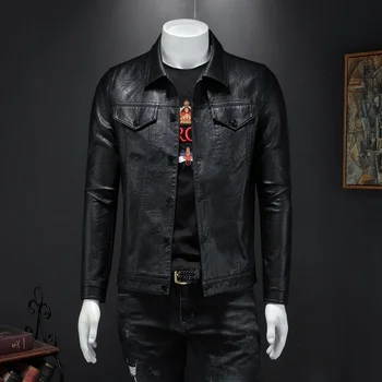 Новинка 2023 года для мужчин, зимняя кожаная куртка, байкерская мотоциклетная куртка на молнии с длинным рукавом, пальто, блузки Изображение 2