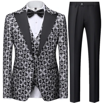 Новое мужское свадебное платье, комплект из 3 предметов (пиджак + майка + брюки) Деловой модный приталенный высококачественный дизайнерский костюм с принтом Изображение 2