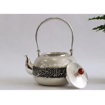 Серебряный горшок стерлингового серебра 999 пробы, чайный сервиз ручной работы, японский ретро чайник, чайник для домашней чайной церемонии, чайный сервиз кунг-фу, 1000 мл