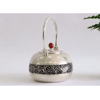 Серебряный горшок стерлингового серебра 999 пробы, чайный сервиз ручной работы, японский ретро чайник, чайник для домашней чайной церемонии, чайный сервиз кунг-фу, 1000 мл Изображение 2