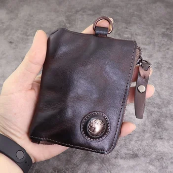 Новый кошелек, мужской винтажный кошелек из кожи растительного дубления, подержанный кошелек, Многофункциональный нулевой кошелек, сумка для ключей, сумка для карт