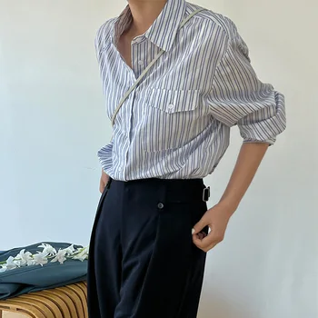 Однобортная рубашка в синюю и белую полоску для женщин, Осенняя новинка 2023, Корейская версия, Простая рубашка с карманами 60028-1