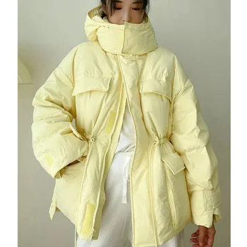 Зимние парки деда Мороза, теплая куртка, Женское пуховое хлопчатобумажное пальто, нерегулярная верхняя одежда с пушистым пузырчатым шнуром на талии