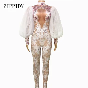 Модный Комбинезон из спандекса с кружевными рукавами, стразы, Сексуальные женские леггинсы, Цельный сценический костюм для выступления в ночном клубе