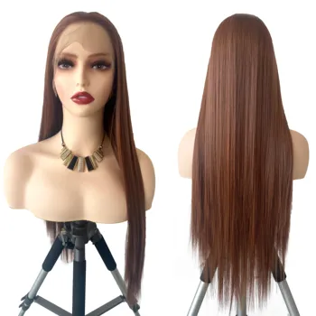 Реалистично выглядящие коричневые синтетические парики на кружеве, длинные Прямые парики из термостойкого волокна на кружеве Для женщин, повседневные парики