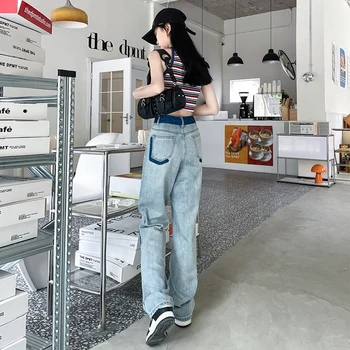 2023 женские джинсовые брюки синего цвета для поездок на работу, летняя новая корейская версия контрастного цвета с высокой талией, индивидуальный дизайн, чувство свободы Изображение 2