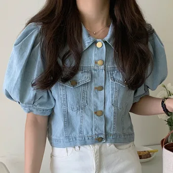 Летние женские топы с пышными рукавами в корейском стиле 2021, винтажная джинсовая футболка с квадратным вырезом, Элегантные ретро-синие джинсовые облегающие рубашки для женщин