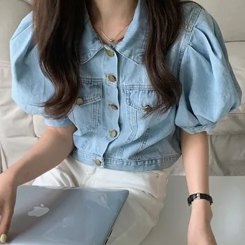 Летние женские топы с пышными рукавами в корейском стиле 2021, винтажная джинсовая футболка с квадратным вырезом, Элегантные ретро-синие джинсовые облегающие рубашки для женщин Изображение 2