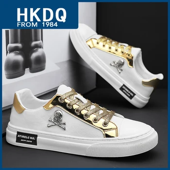 HKDQ Трендовая Белая кожаная повседневная спортивная обувь, мужские комфортные кроссовки на шнуровке, Дышащая противоскользящая мужская обувь для скейтборда