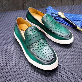 Роскошная повседневная мужская обувь, Большие размеры 38-50, Зеленые Черные Лоферы без застежки, Кроссовки из натуральной кожи, Дизайнерская обувь на плоской подошве, 2C Изображение 2