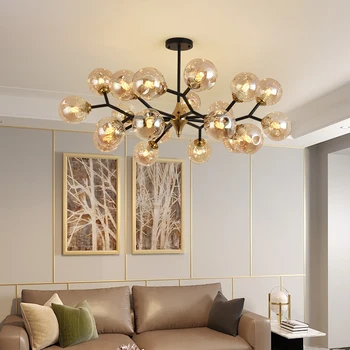 Стеклянная потолочная люстра для гостиной, скандинавская креативная простая волшебная фасоль, черная золотая подвесная лампа, подходящая лампа для спальни, столовой Изображение 2