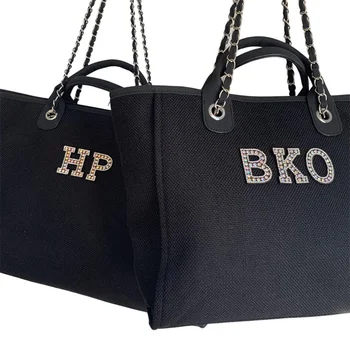 Изготовленная на заказ Большая роскошная черная индивидуальная сумка с монограммой, Холщовая сумка для пляжных покупок на цепочке, персональная сумка для выходных