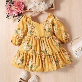 Детское платье для девочек Mildsown с цветочным принтом, платье с квадратным вырезом и длинным рукавом-фонариком, Осеннее модное повседневное платье принцессы