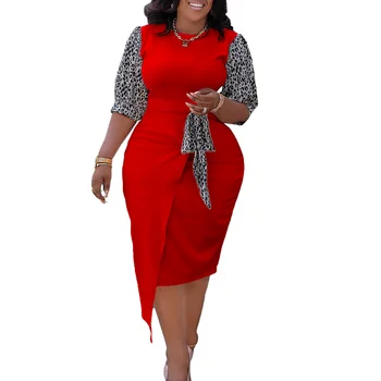 Африканские платья для женщин, Летнее Элегантное африканское платье из полиэстера с коротким рукавом, красное, черное, синее, длиной до колен, Африканская одежда для женщин Изображение 2