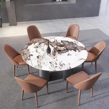 Современный легкий роскошный бытовой скандинавский вращающийся большой круглый обеденный стол, комбинация обеденного стола и стула из нержавеющей стали Изображение 2