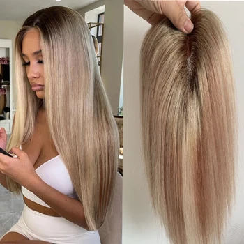 16*18 Virgin Human Hair Ombre Highlight Blonde Topper Clip in Парик для Женщин Европейские Волосы Маленький Шиньон для Истончения Волос