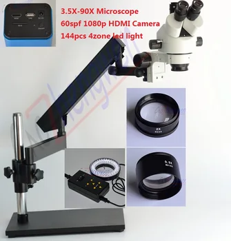 FYSCOPE HDMI 60fps Камера Тяжелая База Артикуляционный Микроскоп 3.5X-90X Тринокулярный Зум-Микроскоп + 144 шт 4-зонный светодиодный светильник