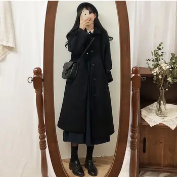 Женское пальто Зимнее Корейское модное Утолщенное шерстяное зимнее пальто с длинным покрытием для женщин, черное пальто Harajuku