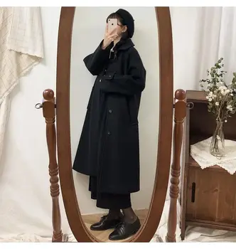 Женское пальто Зимнее Корейское модное Утолщенное шерстяное зимнее пальто с длинным покрытием для женщин, черное пальто Harajuku Изображение 2