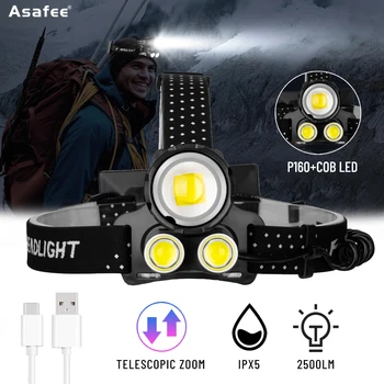 Asafee Outdoor Strong Light P160COB светодиодный Налобный фонарь С Телескопическим зумом 2500LM, Водонепроницаемый фонарь, USB-лампа для зарядки