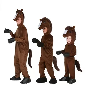 Детский Костюм коричневой лошади с животными для мальчиков и девочек, Ролевые игры для вечеринки, комбинезон, Детские костюмы для Косплея на Хэллоуин, костюм