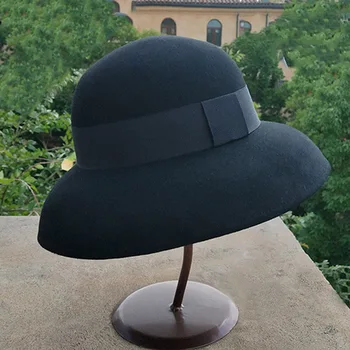 Женская Фетровая шляпа в Винтажном стиле, Фетровая шляпа из 100% чистой Шерсти, Черная Серая Фетровая шляпа с Широкими Полями, Простая лента