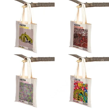 Сумка для покупок Yayoi Kusama, цветной горошек, цифровая сумка для супермаркета в японском стиле, мультяшная леди, многоразовые сумки для покупок Изображение 2