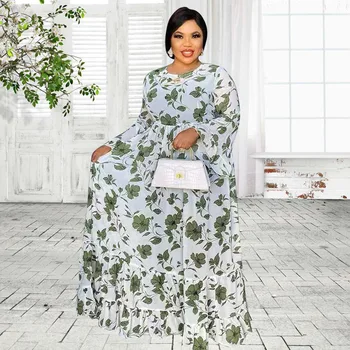 Весенние шифоновые африканские платья с длинными расклешенными рукавами для женщин, Модный Зеленый Африканский халат с цветочным принтом, платье Макси