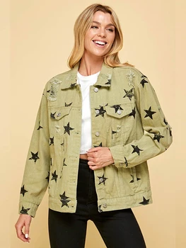 Джинсовая куртка для женщин, джинсовая куртка со звездным принтом, Винтажная свободная куртка с дырочками, Женское винтажное джинсовое пальто с отстрочкой Изображение 2