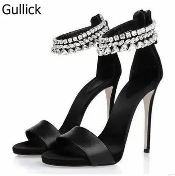 Модные женские однотонные черные туфли, летние босоножки с кристаллами, милые фирменные Босоножки на тонком высоком каблуке, с открытым носком, на молнии сзади